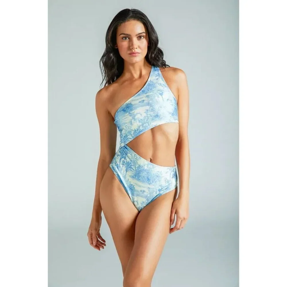 Noli Yoga Swimwear Isla One Piece Swimsuit Paradise Blue Size Large One Shoulder